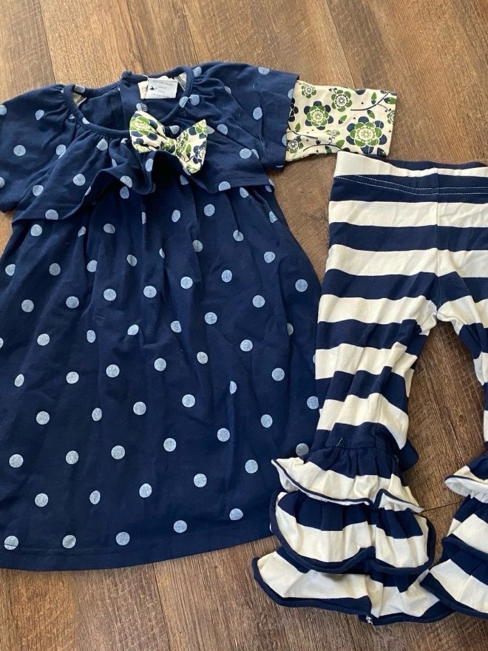 Navy Polka Dot Dress & Striped Ruffle Leggings Set